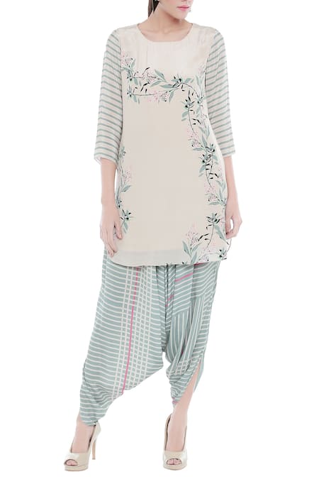 Soup By Sougat Paul_Blue Crepe Floral, Striped Round Neck Printed Kurta And Dhoti Pant Set _Online_at_Aza_Fashions