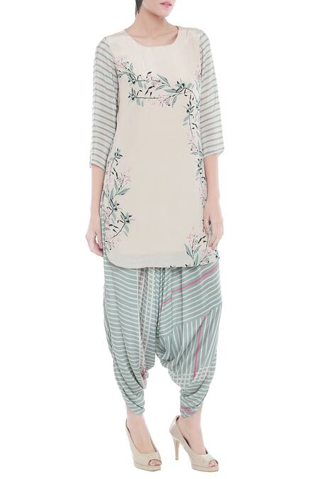 Buy_Soup By Sougat Paul_Blue Crepe Floral, Striped Round Neck Printed Kurta And Dhoti Pant Set _Online_at_Aza_Fashions