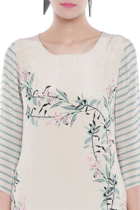 Shop_Soup By Sougat Paul_Blue Crepe Floral, Striped Round Neck Printed Kurta And Dhoti Pant Set _Online_at_Aza_Fashions