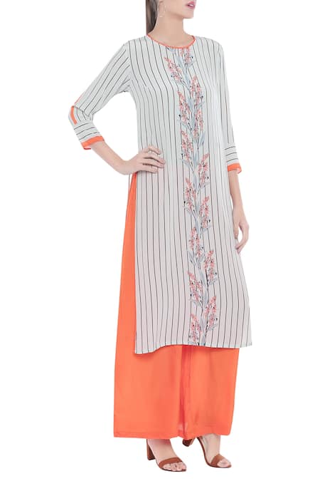 Soup By Sougat Paul White Crepe Floral, Striped Round Neck Printed Kurta And Palazzo Set 