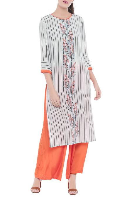 Soup By Sougat Paul_White Crepe Floral, Striped Round Neck Printed Kurta And Palazzo Set _Online_at_Aza_Fashions