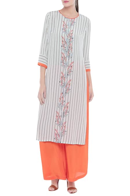 Buy_Soup By Sougat Paul_White Crepe Floral, Striped Round Neck Printed Kurta And Palazzo Set _Online_at_Aza_Fashions
