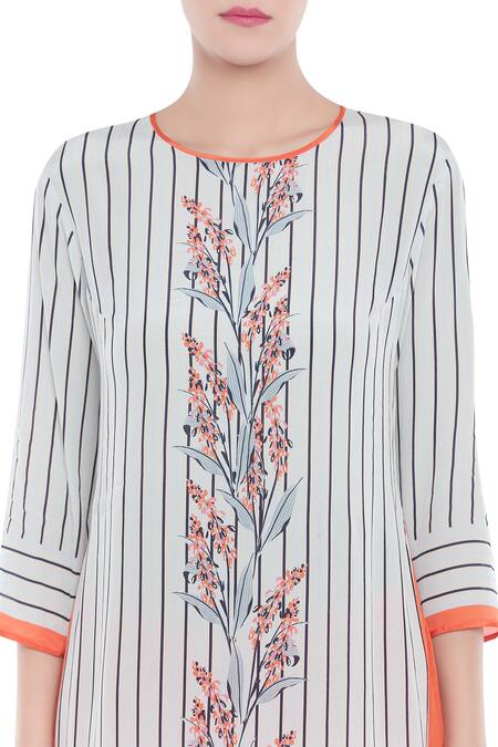 Shop_Soup By Sougat Paul_White Crepe Floral, Striped Round Neck Printed Kurta And Palazzo Set _Online_at_Aza_Fashions