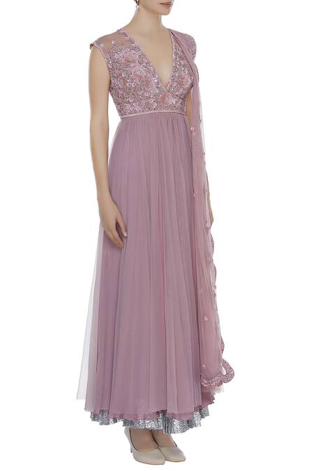 Seema Khan_Pink Net Embroidered Floral V Neck Sequin Anarkali Kurta Set  _Online_at_Aza_Fashions