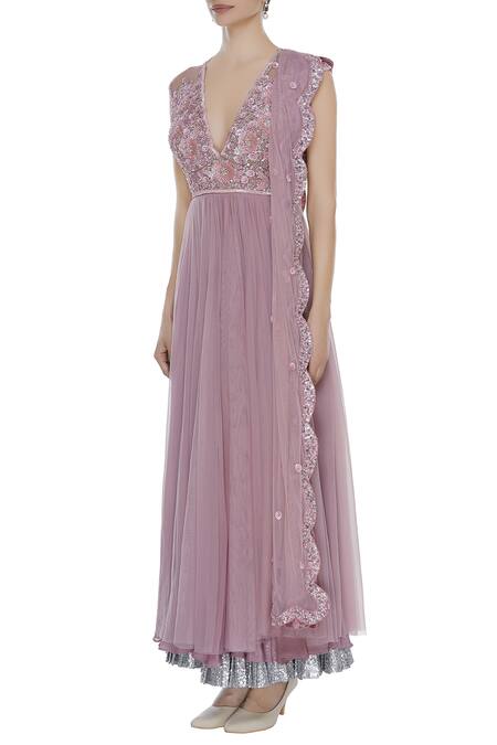 Buy_Seema Khan_Pink Net Embroidered Floral V Neck Sequin Anarkali Kurta Set  _Online_at_Aza_Fashions