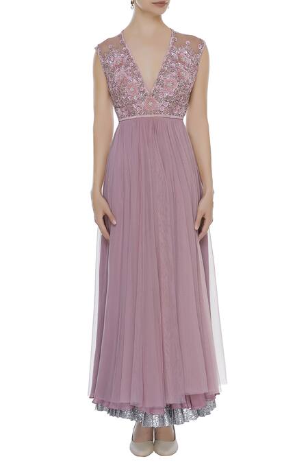 Shop_Seema Khan_Pink Net Embroidered Floral V Neck Sequin Anarkali Kurta Set  _Online_at_Aza_Fashions