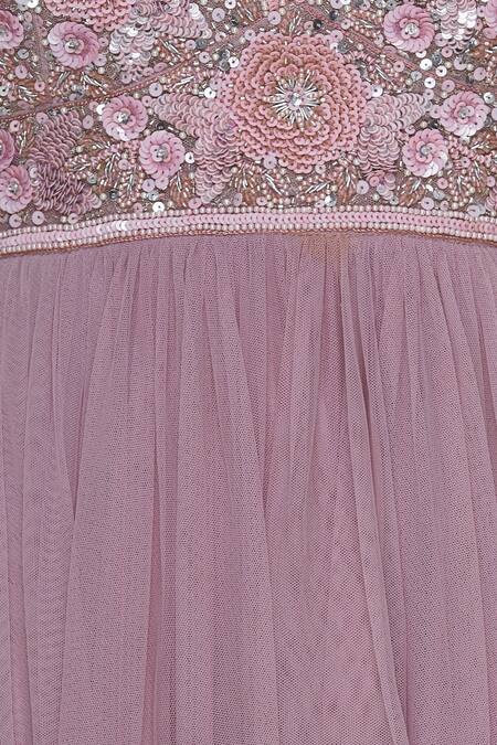 Seema Khan_Pink Net Embroidered Floral V Neck Sequin Anarkali Kurta Set  _at_Aza_Fashions