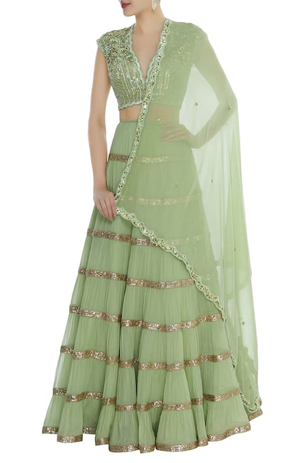 Seema Khan Green Shimmer Georgette Embroidered Sequin Blouse Bridal Lehenga Set  