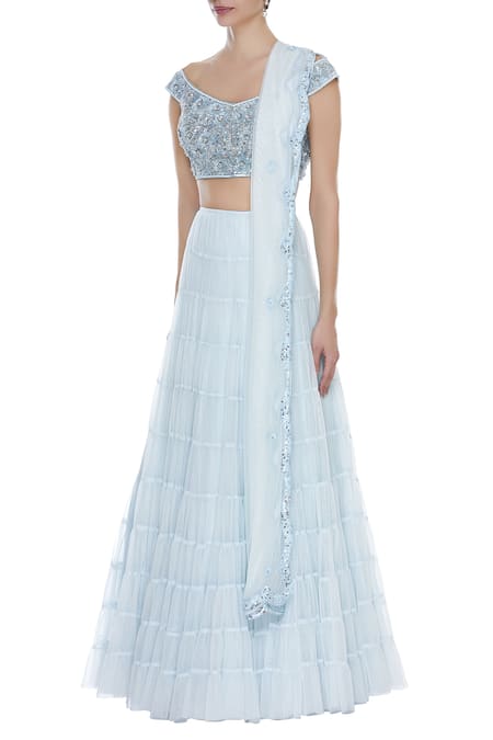 Seema Khan_Blue Net Embroidered Sequin Boat Neck Blouse Bridal Lehenga Set  _Online_at_Aza_Fashions