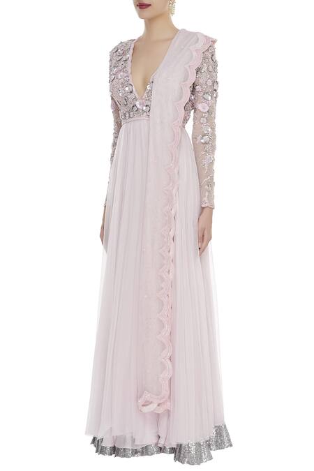 Buy_Seema Khan_Pink Net Embellished V Neck Anarkali Kurta With Dupatta  _Online_at_Aza_Fashions