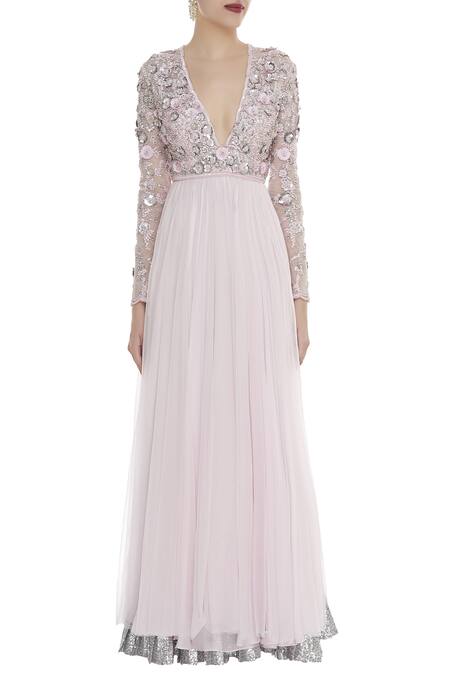 Shop_Seema Khan_Pink Net Embellished V Neck Anarkali Kurta With Dupatta  _Online_at_Aza_Fashions