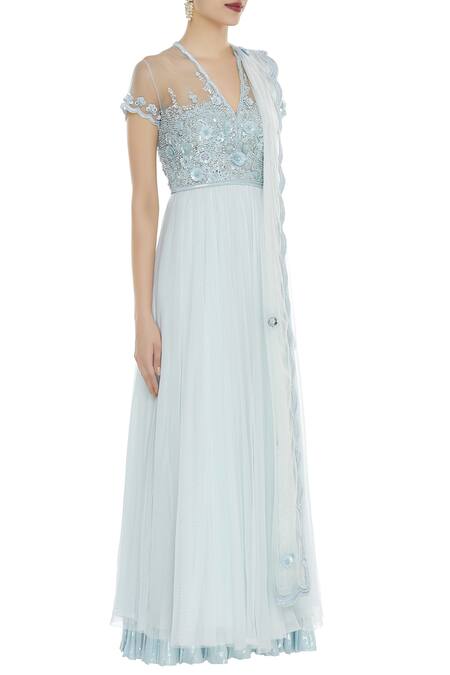 Seema Khan_Blue Net Embellished V Neck Bodice Anarkali Kurta With Dupatta  _Online_at_Aza_Fashions