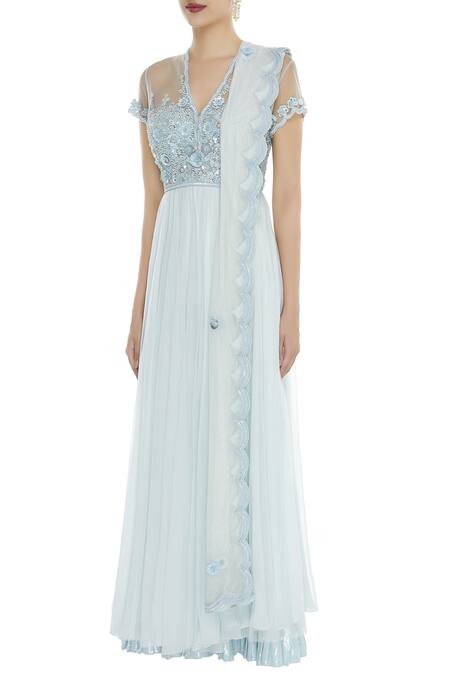 Buy_Seema Khan_Blue Net Embellished V Neck Bodice Anarkali Kurta With Dupatta  _Online_at_Aza_Fashions