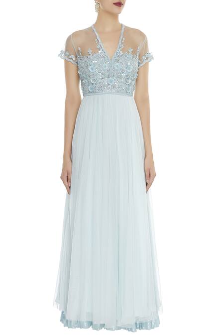 Shop_Seema Khan_Blue Net Embellished V Neck Bodice Anarkali Kurta With Dupatta  _Online_at_Aza_Fashions