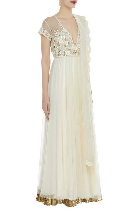 Seema Khan_Yellow Net Embellished V Neck Anarkali Kurta With Dupatta  _Online_at_Aza_Fashions