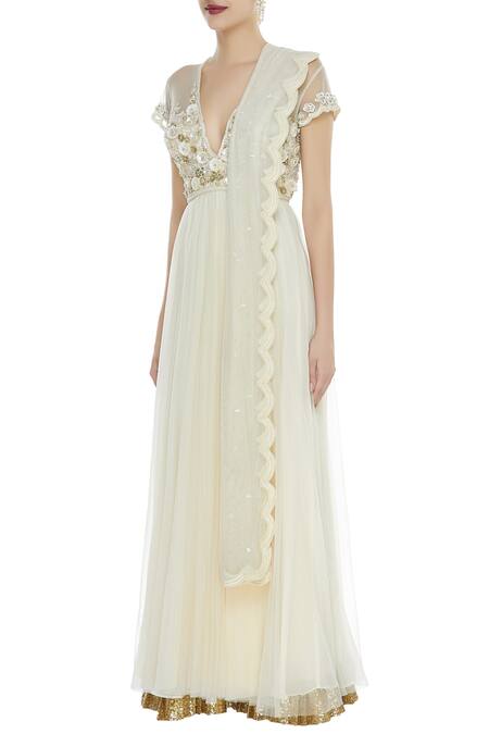 Buy_Seema Khan_Yellow Net Embellished V Neck Anarkali Kurta With Dupatta  _Online_at_Aza_Fashions