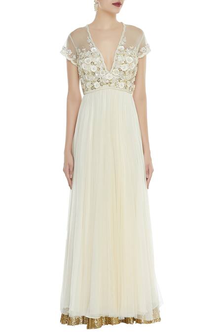 Shop_Seema Khan_Yellow Net Embellished V Neck Anarkali Kurta With Dupatta  _Online_at_Aza_Fashions