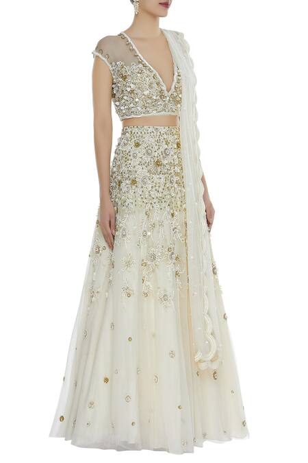 Seema Khan_White Net Embellished Boat Neck Embroidered Bridal Lehenga Set  _Online_at_Aza_Fashions