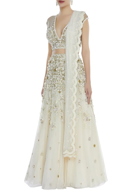 Buy_Seema Khan_White Net Embellished Boat Neck Embroidered Bridal Lehenga Set  _Online_at_Aza_Fashions