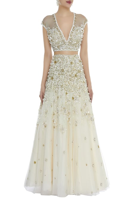 Shop_Seema Khan_White Net Embellished Boat Neck Embroidered Bridal Lehenga Set  _Online_at_Aza_Fashions