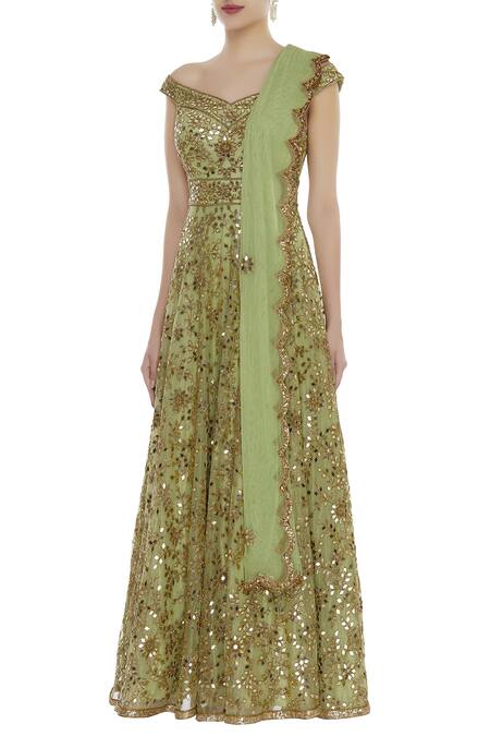 Seema Khan_Green Embroidery Off Shoulder Mirrorwork Anarkali With Dupatta  _Online_at_Aza_Fashions