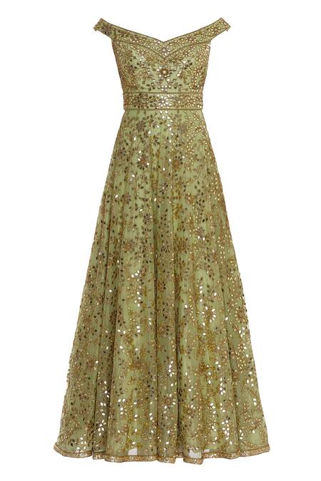 Buy_Seema Khan_Green Embroidery Off Shoulder Mirrorwork Anarkali With Dupatta  _Online_at_Aza_Fashions