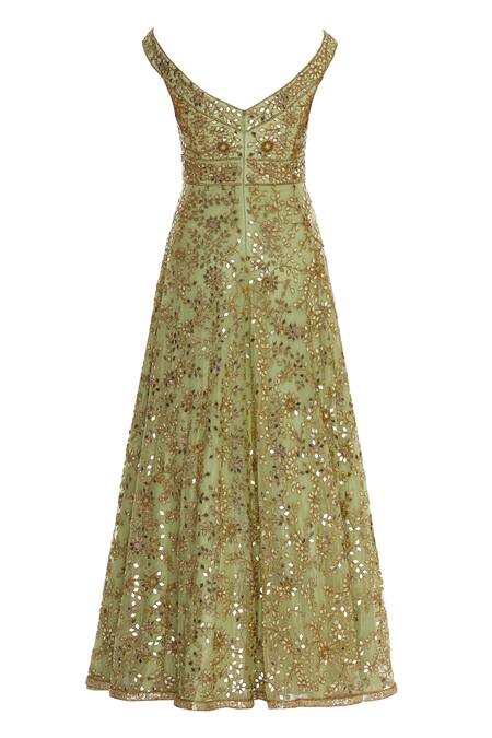 Shop_Seema Khan_Green Embroidery Off Shoulder Mirrorwork Anarkali With Dupatta  _Online_at_Aza_Fashions