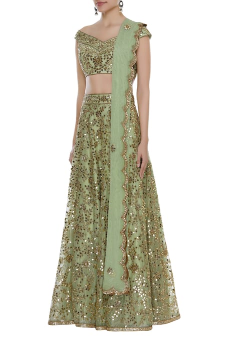 Seema Khan_Green Shimmer Net Embroidered Mirror Off Shoulder Bridal Lehenga Set  _Online_at_Aza_Fashions