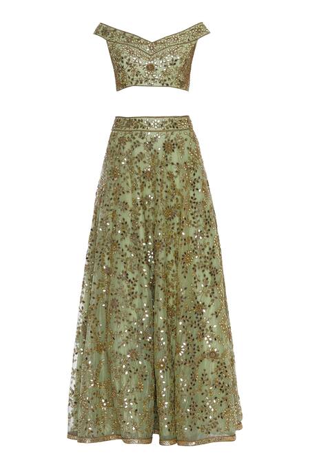 Buy_Seema Khan_Green Shimmer Net Embroidered Mirror Off Shoulder Bridal Lehenga Set  _Online_at_Aza_Fashions