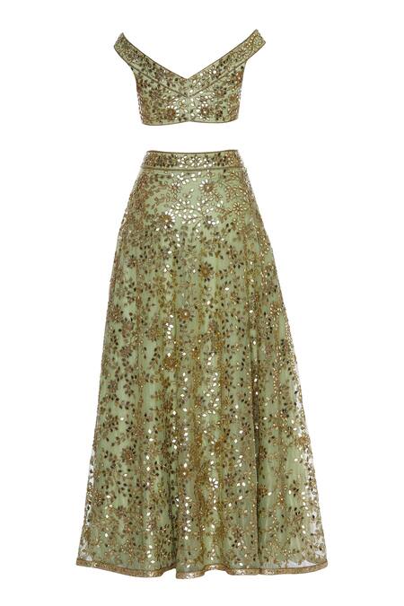 Shop_Seema Khan_Green Shimmer Net Embroidered Mirror Off Shoulder Bridal Lehenga Set  _Online_at_Aza_Fashions