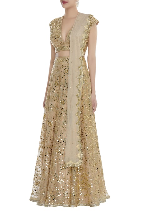 Seema Khan_Gold Shimmer Net Embroidered Mirror V Work Blouse Bridal Lehenga Set  _Online_at_Aza_Fashions