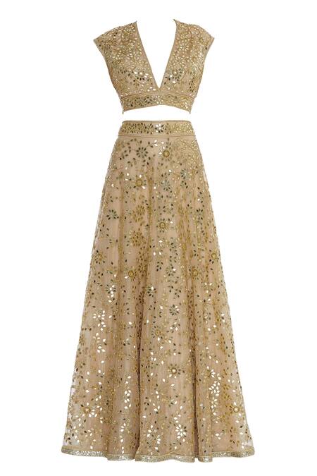 Buy_Seema Khan_Gold Shimmer Net Embroidered Mirror V Work Blouse Bridal Lehenga Set  _Online_at_Aza_Fashions