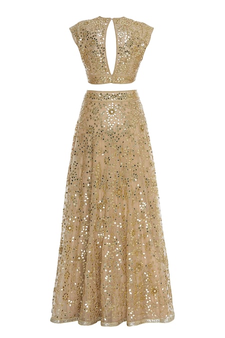 Shop_Seema Khan_Gold Shimmer Net Embroidered Mirror V Work Blouse Bridal Lehenga Set  _Online_at_Aza_Fashions
