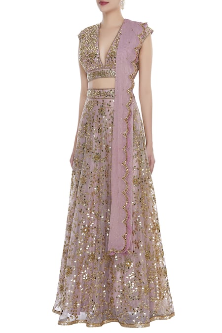Seema Khan_Gold Shimmer Net Embroidered Mirror V Neck Work Lehenga Set  _Online_at_Aza_Fashions