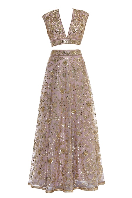 Buy_Seema Khan_Gold Shimmer Net Embroidered Mirror V Neck Work Lehenga Set  _Online_at_Aza_Fashions