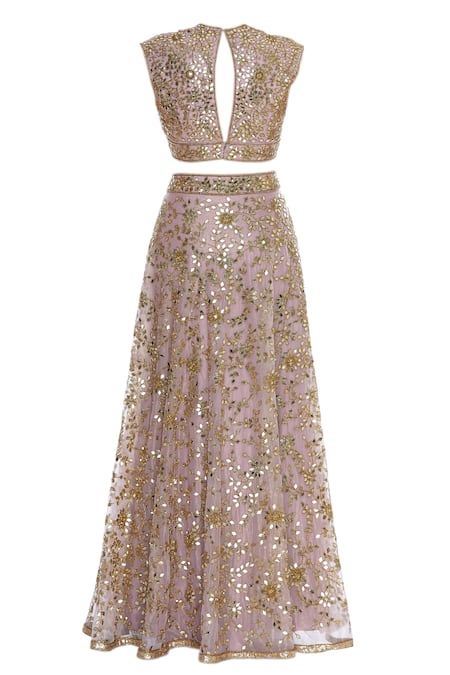 Shop_Seema Khan_Gold Shimmer Net Embroidered Mirror V Neck Work Lehenga Set  _Online_at_Aza_Fashions