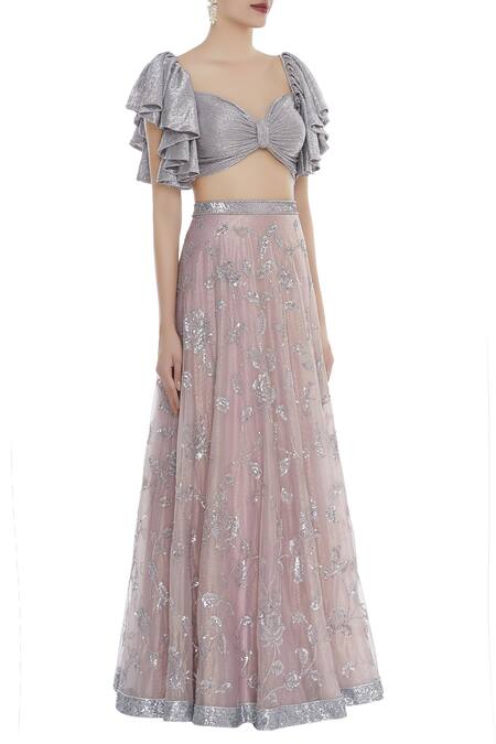 Seema Khan_Silver Shimmer Net Flared Sleeves Blouse With Lehenga And Dupatta  _Online_at_Aza_Fashions