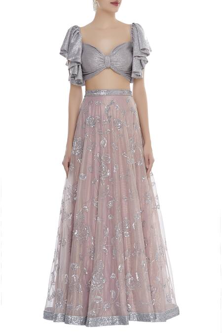 Shop_Seema Khan_Silver Shimmer Net Flared Sleeves Blouse With Lehenga And Dupatta  _Online_at_Aza_Fashions