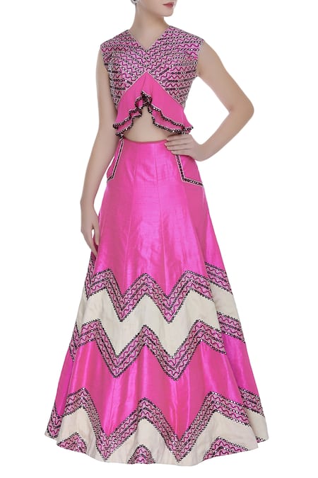 Neha Gursahani Pink Pure Raw Silk With Cotton Lining Embroidered Peplum Crop Top And Lehenga Set 