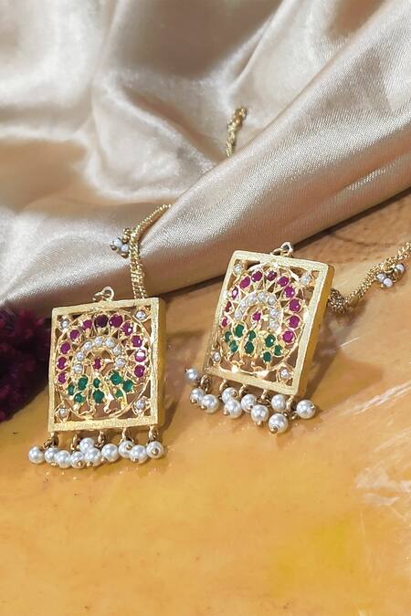 Shop_Devanshi Renu Jewels_Gold Plated Stone Geometric Shaped Earrings_Online_at_Aza_Fashions