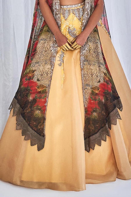 Dolly J_Yellow Organza Pearls, Sequins, Aaleyah Printed Cape Embroidered Lehenga Set _Online_at_Aza_Fashions