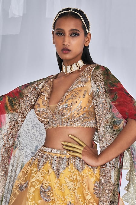 Buy_Dolly J_Yellow Organza Pearls, Sequins, Aaleyah Printed Cape Embroidered Lehenga Set _Online_at_Aza_Fashions