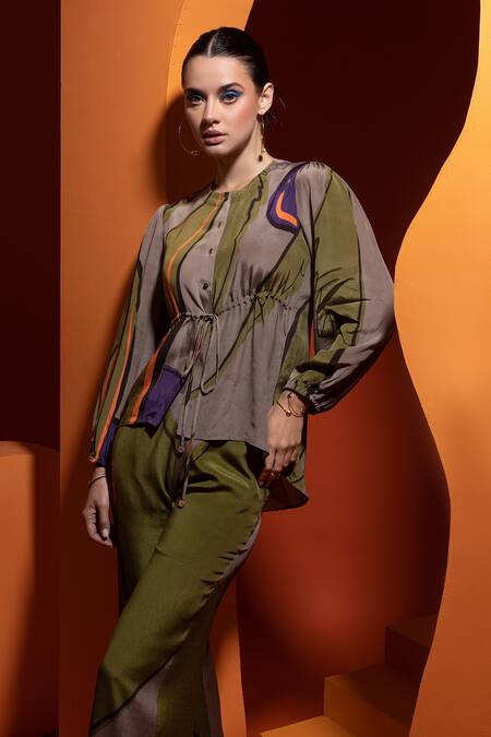 Nautanky_Purple Cotton, Crepe Tassels Round Neck Tie-up Shirt And Pant Set _Online_at_Aza_Fashions