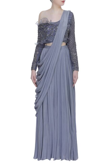 Shop_Nitika Kanodia Gupta_Grey Organza, Crepe Pleated Lehenga With Attached Dupatta And Embroidered Blouse_Online_at_Aza_Fashions