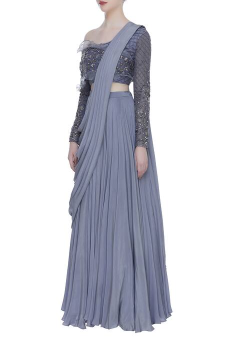 Buy_Nitika Kanodia Gupta_Grey Organza, Crepe Pleated Lehenga With Attached Dupatta And Embroidered Blouse_Online_at_Aza_Fashions