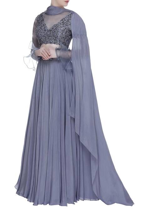 Buy Grey Tulle Embroidered Lehenga With Hand Blouse Attached Drape For ...