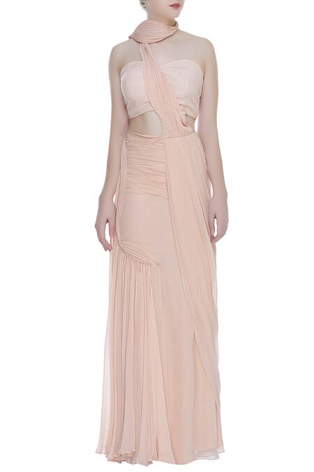 Shop_Nitika Kanodia Gupta_Pink Tulle, Georgette High Pre-stitched Draped Saree With Hand Embroidered Cape_Online_at_Aza_Fashions