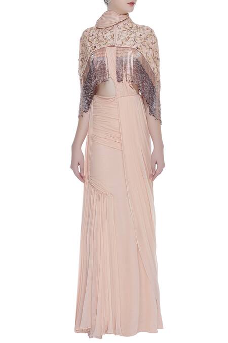 Buy_Nitika Kanodia Gupta_Pink Tulle, Georgette High Pre-stitched Draped Saree With Hand Embroidered Cape_Online_at_Aza_Fashions
