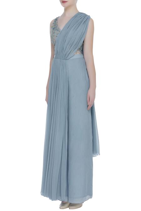 Nitika Kanodia Gupta Grey Crepe, Georgette V Neck Draped Pant With Hand Embroidered Blouse Online at Aza Fashions Nitika Kanodia Gupta_Grey Crepe, Georgette V Neck Draped Pant With Hand Embroidered Blouse_Online_at_Aza_Fashions