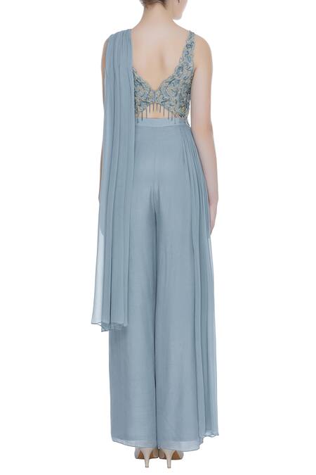 Shop Nitika Kanodia Gupta Grey Crepe, Georgette V Neck Draped Pant With Hand Embroidered Blouse at Aza Fashions Shop_Nitika Kanodia Gupta_Grey Crepe, Georgette V Neck Draped Pant With Hand Embroidered Blouse_at_Aza_Fashions